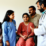A compassionate and hopeful scene in a cancer treatment center. A Pakistani family, including a middle-aged or elderly patient, surrounded by empathetic doctors and nurses. The emphasis is on human connection, trust, and emotional support, showcasing the hospital as a place of hope rather than just medical treatment. The atmosphere is warm and reassuring, with subtle cultural elements in attire or decor.