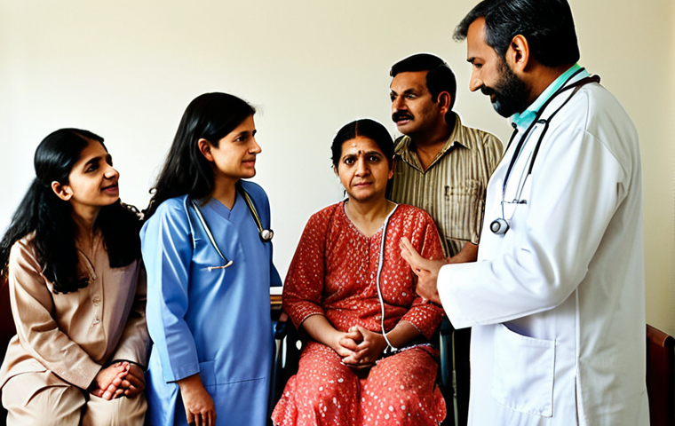 A compassionate and hopeful scene in a cancer treatment center. A Pakistani family, including a middle-aged or elderly patient, surrounded by empathetic doctors and nurses. The emphasis is on human connection, trust, and emotional support, showcasing the hospital as a place of hope rather than just medical treatment. The atmosphere is warm and reassuring, with subtle cultural elements in attire or decor.