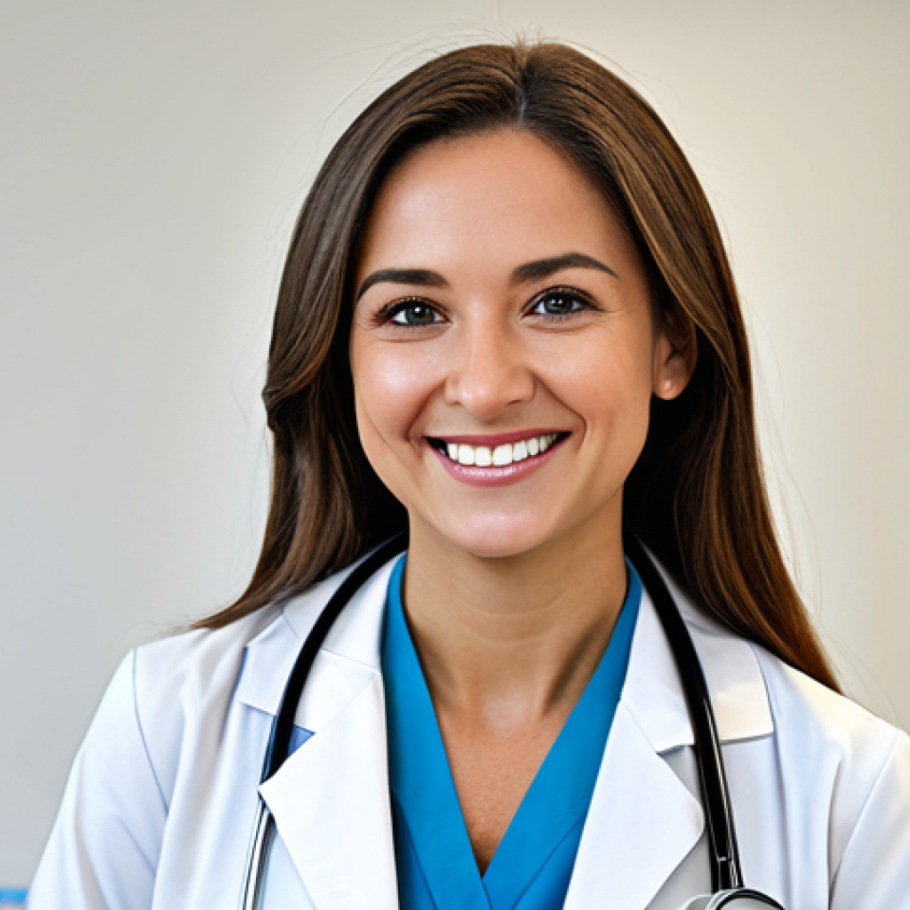 **

A female doctor wearing a modest lab coat and stethoscope, smiling warmly in a bright, modern hospital office, fully clothed, safe for work, appropriate content, professional, perfect anatomy, correct proportions, well-formed hands, proper finger count, natural pose.

**