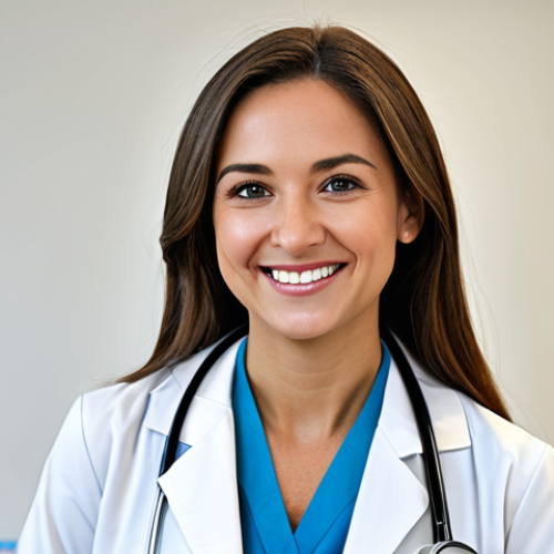 **

A female doctor wearing a modest lab coat and stethoscope, smiling warmly in a bright, modern hospital office, fully clothed, safe for work, appropriate content, professional, perfect anatomy, correct proportions, well-formed hands, proper finger count, natural pose.

**