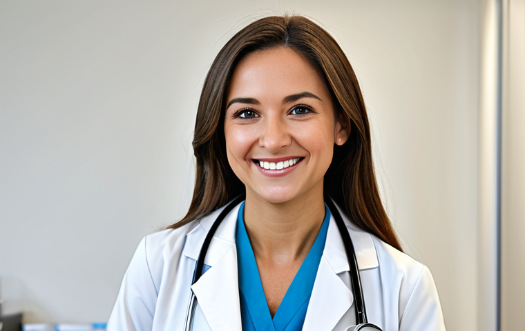 **
A female doctor wearing a modest lab coat and stethoscope, smiling warmly in a bright, modern hospital office, fully clothed, safe for work, appropriate content, professional, perfect anatomy, correct proportions, well-formed hands, proper finger count, natural pose.
**