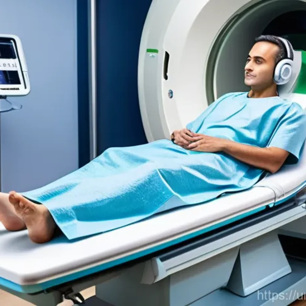 의료기기 MRI CT 초음파의 차이 - **A modern MRI scan in progress:** A patient, calmly lying on the sliding table and wearing a loose,...