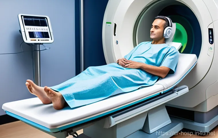 의료기기 MRI CT 초음파의 차이 - **A modern MRI scan in progress:** A patient, calmly lying on the sliding table and wearing a loose,...