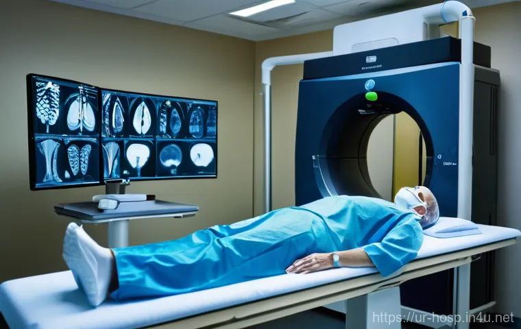 의료기기 MRI CT 초음파의 차이 - **A modern MRI scan in progress:** A patient, calmly lying on the sliding table and wearing a loose,...