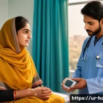 Home 21 종합병원에서 자주 시행되는 검진 항목 - A modern hospital room scene in Pakistan showing a female Urdu-speaking patient wearing modest, cult...