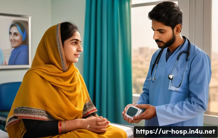 종합병원에서 자주 시행되는 검진 항목 - A modern hospital room scene in Pakistan showing a female Urdu-speaking patient wearing modest, cult...