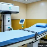 Home 19 방사선 치료 장비의 최신 기술 - A modern radiotherapy treatment room in a Pakistani hospital, featuring advanced robotic systems pre...