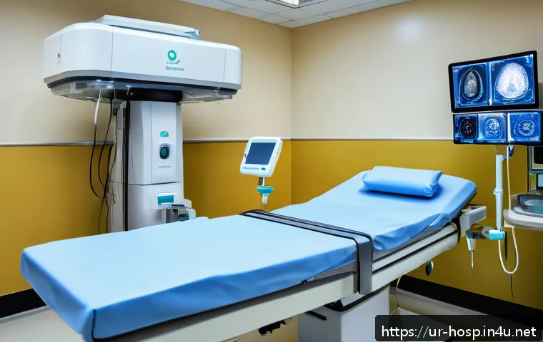 방사선 치료 장비의 최신 기술 - A modern radiotherapy treatment room in a Pakistani hospital, featuring advanced robotic systems pre...