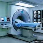 Home 23 MRI와 PET CT 검사 비용 비교 - A modern hospital diagnostic room in Pakistan featuring an MRI machine in use, with a female patient...