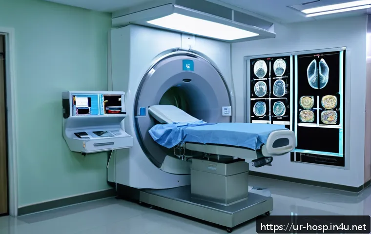 MRI와 PET CT 검사 비용 비교 - A modern hospital diagnostic room in Pakistan featuring an MRI machine in use, with a female patient...