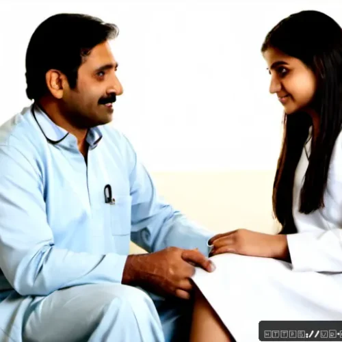 근육통과 관절염 진료 병원 추천 - Photorealistic Pakistani hospital outpatient clinic, a middle-aged Urdu-speaking man in a modest sha...