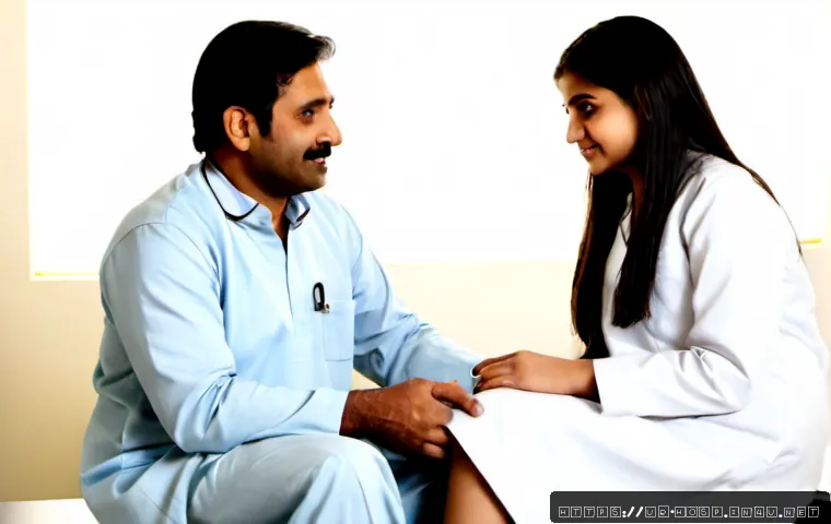 근육통과 관절염 진료 병원 추천 - Photorealistic Pakistani hospital outpatient clinic, a middle-aged Urdu-speaking man in a modest sha...